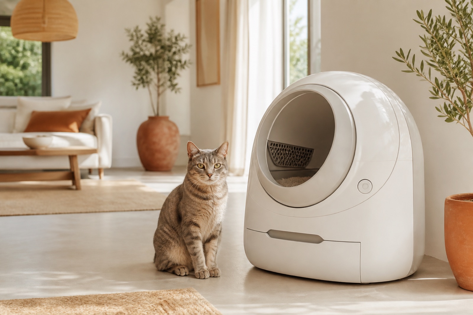 Gatto accanto a una lettiera automatica autopulente in un appartamento luminoso
